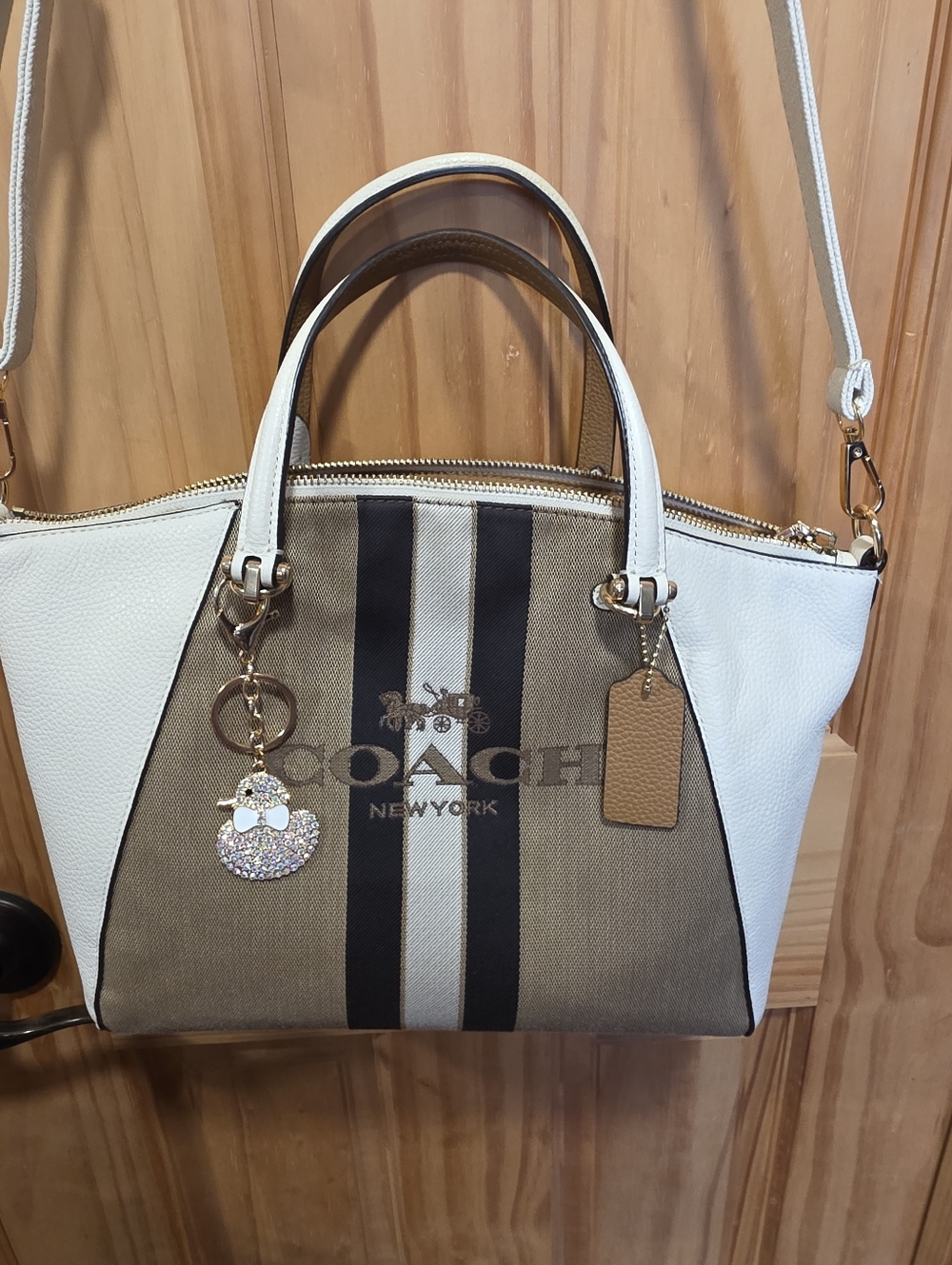 Coach Two-Tone Canvas & Leather Satchel in Beige, White and Black